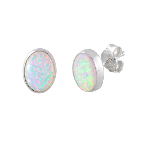 Sterling Silver Opal Gemstone Stud Earrings Iridescent Pearl Oval 7mm x 9mm - Jewelryland.com