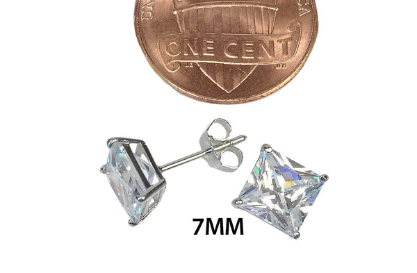 Sterling Silver Square Cubic Zirconia Stud Earrings AAA Clear CZ Basket Setting - Jewelryland.com