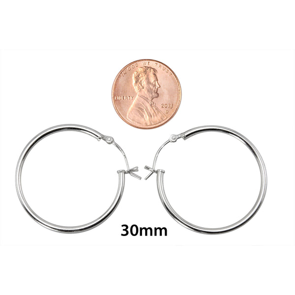 Sterling Silver Hoop Earrings High Polish Latch Closure 30mm Pair (Two Hoops) - Jewelryland.com