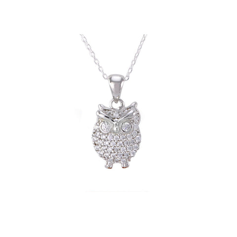 Sterling Silver Owl Necklace Small Pendant Clear CZ Cubic Zirconia Pave Stones - Jewelryland.com
