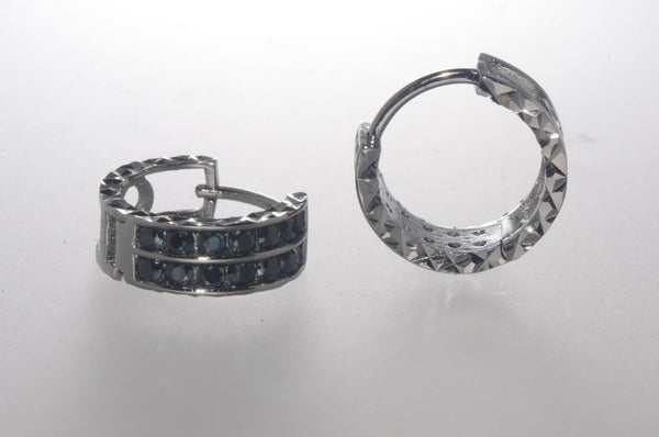 Sterling Silver Black CZ Hoop Earrings 2 Row Cubic Zirconia CZ 14mm x 6mm - Jewelryland.com