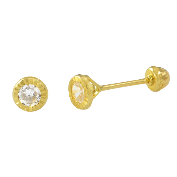 10k Yellow Gold Round CZ Screwback Earrings Laser Cut Frame Bezel Set Design 4mm - Jewelryland.com