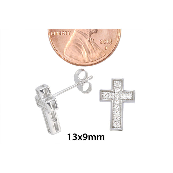 Sterling Silver Cross Stud Earrings Micropave Cubic Zirconia 13mm x 9mm Pushback - Jewelryland.com