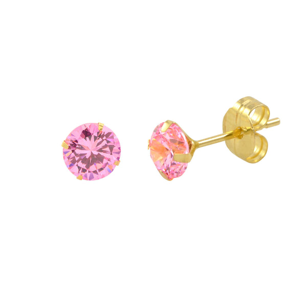 14k Yellow Gold Pink CZ Earrings Round Cubic Zirconia October Birthstone Studs - Jewelryland.com