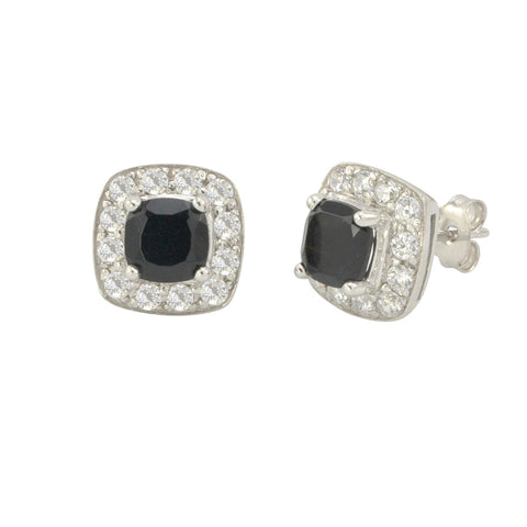 Black Onyx Gemstone Stud Earrings Sterling Silver Square Micropave CZ Accent - Jewelryland.com