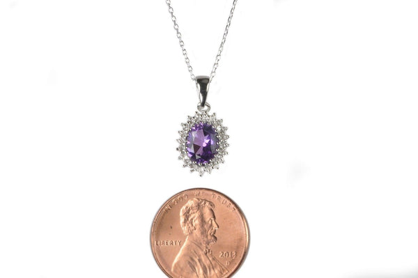 Sterling Silver Diamond (.01 ct) and Amethyst Oval Pendant Necklace - Jewelryland.com