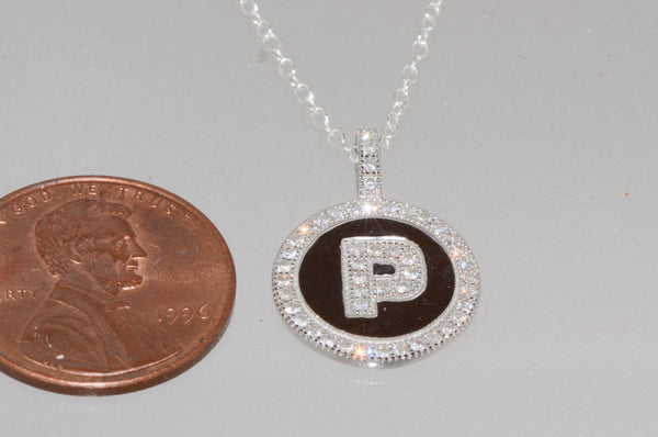 Sterling Silver Letter P Initial Pendant & Necklace CZ Cubic Zirconia micropave - Jewelryland.com