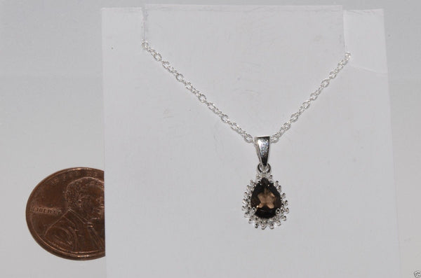 925 Sterling Silver Diamond (.01ct) and Smoky Quartz Teardrop Necklace 18" chain - Jewelryland.com