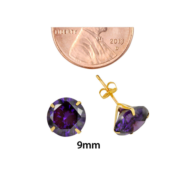 10k Yellow Gold Purple Amethyst CZ Stud Earrings Cubic Zirconia Round Prong Set - Jewelryland.com
