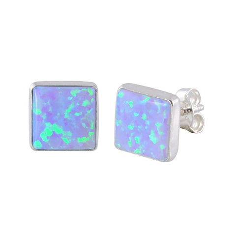 Opal Gemstone Stud Earrings Periwinkle Green Sterling Silver 9mm Square - Jewelryland.com