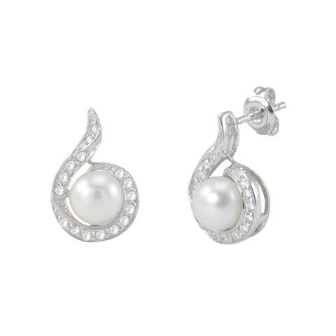 Pearl Earrings .925 Sterling Silver White Elegant CZ Wraparound Design - Jewelryland.com
