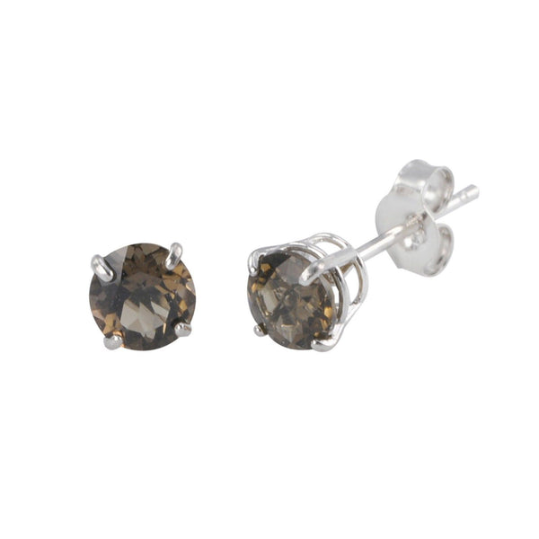 Smoky Topaz Stud Earrings 14k White Gold Round Basket Setting - Genuine Gemstone - Jewelryland.com