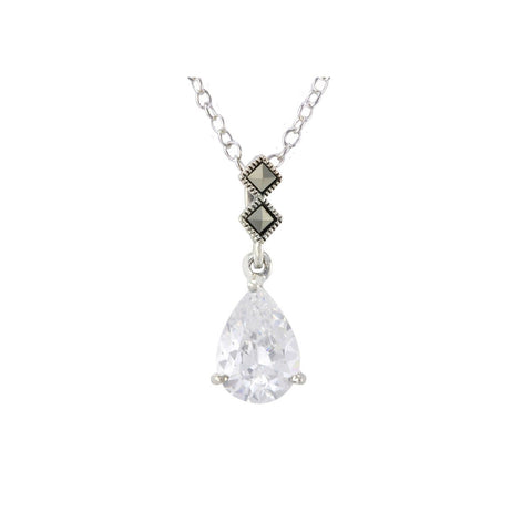 Sterling Silver Marcasite Necklace with Clear CZ Cubic Zirconia Teardrop Pendant - Jewelryland.com