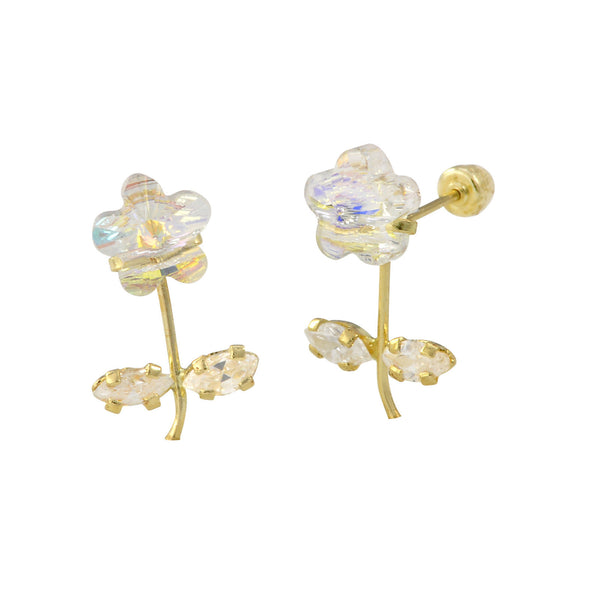 CZ Flower with Stem Stud Earrings 10k Yellow Gold with Screwbacks 14x9 - Jewelryland.com