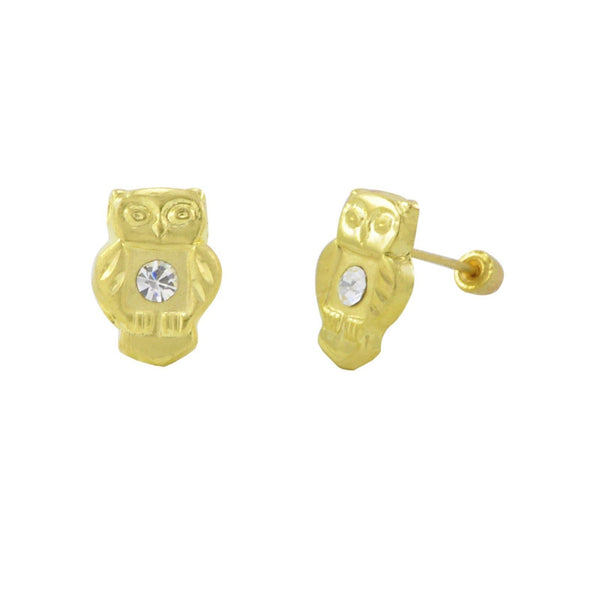 10k Yellow Gold Owl Stud Earrings Screwbacks White Cubic Zirconia - Jewelryland.com