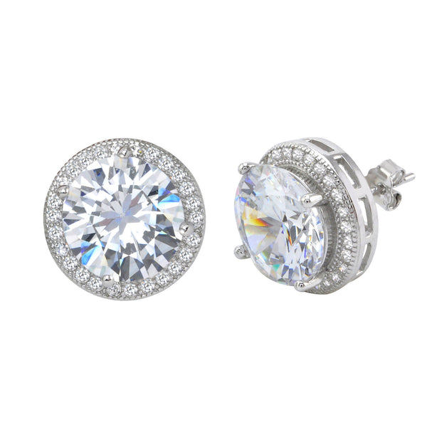 Sterling Silver Large Round Halo Cubic Zirconia Stud Earrings Micropave 14mm - Jewelryland.com