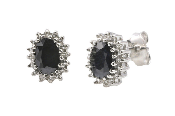 925 Silver Dark Sapphire & Diamond Stud Earrings Oval 2.1 TCW - Jewelryland.com