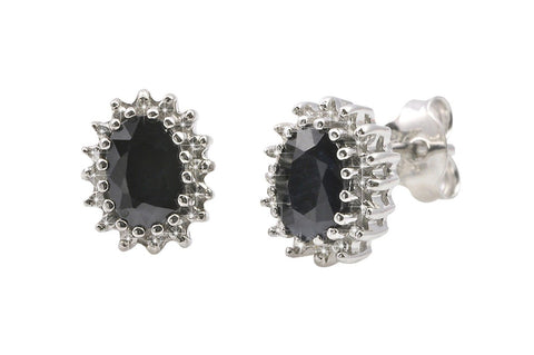 925 Silver Dark Sapphire & Diamond Stud Earrings Oval 2.1 TCW - Jewelryland.com