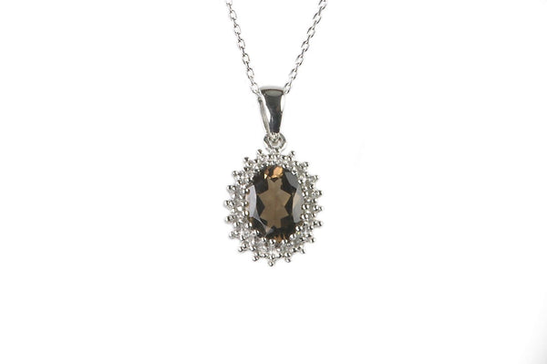 Sterling Silver Smoky Quartz (1.08ct) and Diamond (.01ct) Necklace Oval, 18" - Jewelryland.com