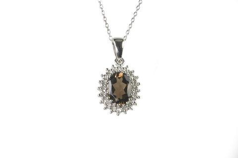 Sterling Silver Smoky Quartz (1.08ct) and Diamond (.01ct) Necklace Oval, 18" - Jewelryland.com