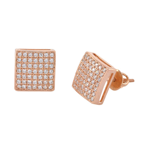 Iced Out Stud Earrings Sterling Silver Rose Gold 9mm Puffy Square Dome - Jewelryland.com