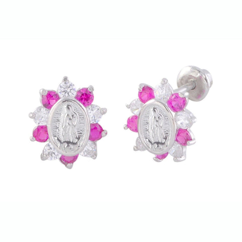 Guadalupe Screwback Stud Earrings Small .925 Sterling Silver 10mm Red Clear CZ - Jewelryland.com