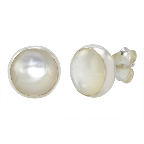 Sterling Silver Mother of Pearl Gemstone Earrings 9mm Round Studs - Jewelryland.com
