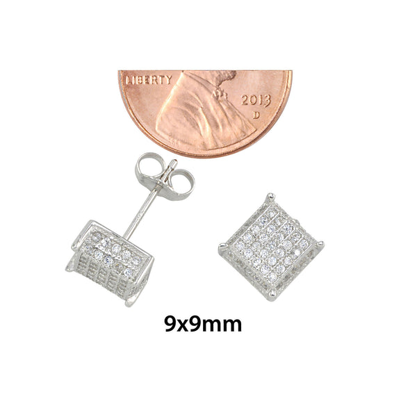 Sterling Silver Micropave Stud Earrings Clear 3d Square 4 Corner Accents 9mm - Jewelryland.com