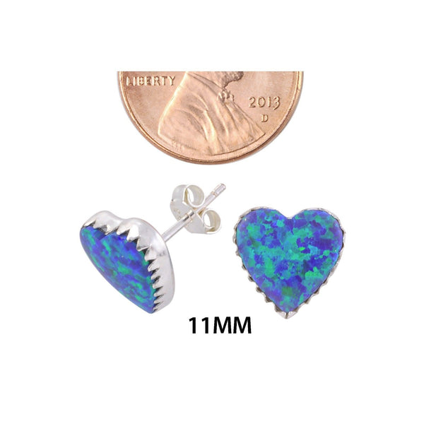 Heart Opal Stud Earrings Iridescent Navy Blue Green 11mm - Jewelryland.com