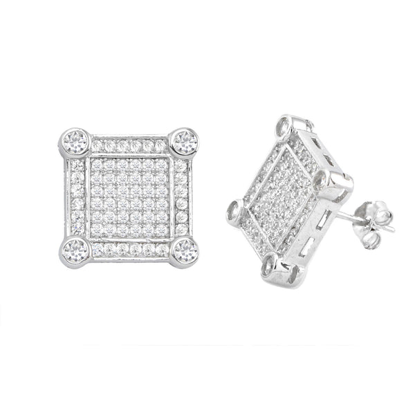 Sterling Silver Mens Stud Earrings Square Micropave Frame Cubic Zirconia 13mm - Jewelryland.com