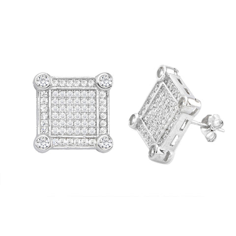 Sterling Silver Mens Stud Earrings Square Micropave Frame Cubic Zirconia 13mm - Jewelryland.com