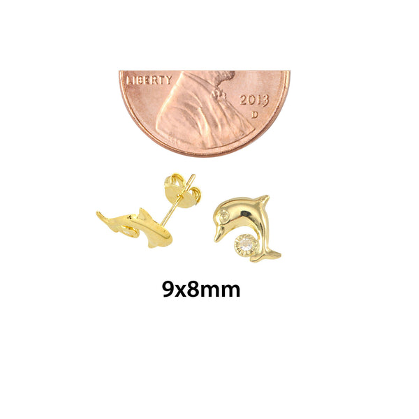 10k Yellow Gold Dolphin with CZ Ball Stud Earrings with Friction Pushbacks 9x8 - Jewelryland.com