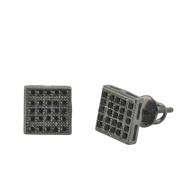 Sterling Silver Screwback Earrings Pave CZ Black Cubic Zirconia Studs 7mm Square - Jewelryland.com