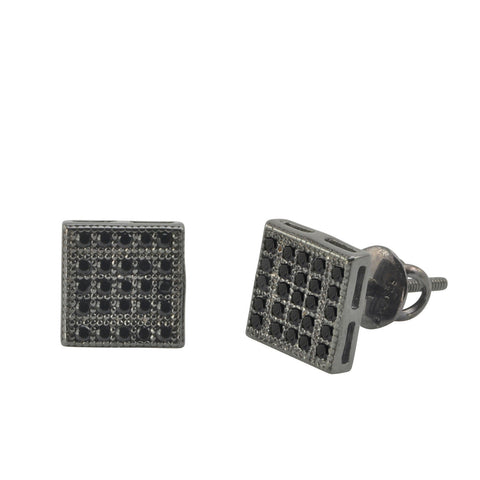 Sterling Silver Screwback Earrings Pave CZ Black Cubic Zirconia Studs 7mm Square - Jewelryland.com