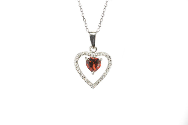 925 Sterling Silver Genuine Diamond .01ct and Garnet Heart Pendant Necklace - Jewelryland.com