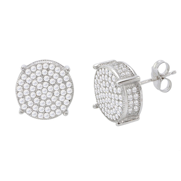 Sterling Silver Cubic Zirconia Mens Stud Earrings Pave 3d Sidestones 12mm - Jewelryland.com