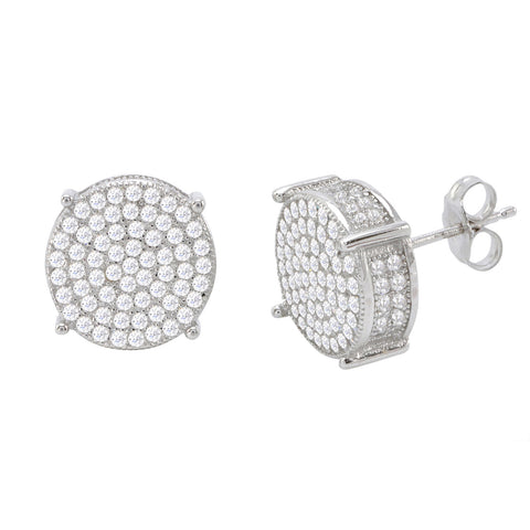 Sterling Silver Cubic Zirconia Mens Stud Earrings Pave 3d Sidestones 12mm - Jewelryland.com