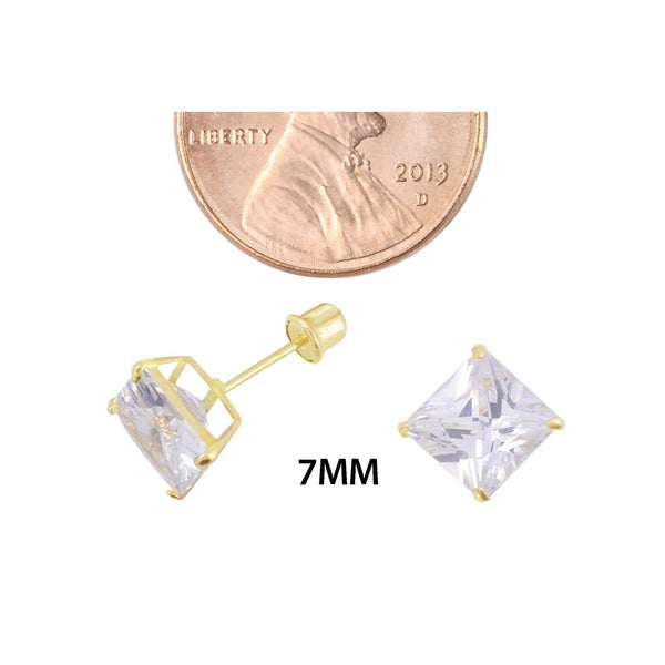 Square Princess Cut Clear CZ Stud Earrings Screwbacks 14k Yellow Gold BASKET Set - Jewelryland.com
