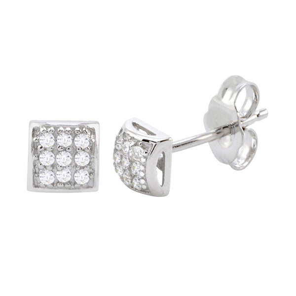 Sterling Silver Stud Earrings Mini Square Dome Clear Pave CZ Cubic Zirconia 5mm - Jewelryland.com