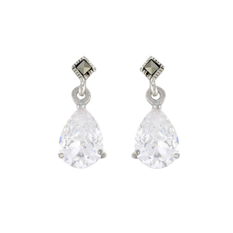 Sterling Silver Marcasite Earrings with White CZ Cubic Zirconia Teardrop - Jewelryland.com