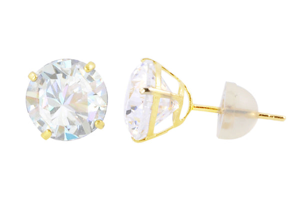 14k Yellow Gold Clear Round Basket Cubic Zirconia Stud Earrings Silicone Backs - Jewelryland.com