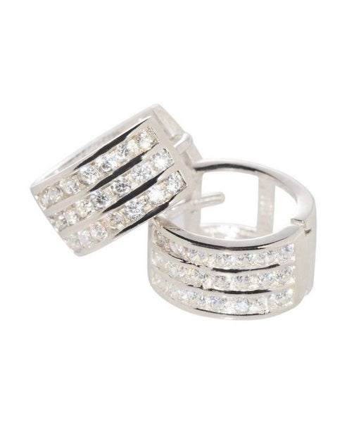 Small Huggie Earrings CZ Cubic Zirconia 3 Row .925 Sterling Silver 12mm x 7mm - Jewelryland.com