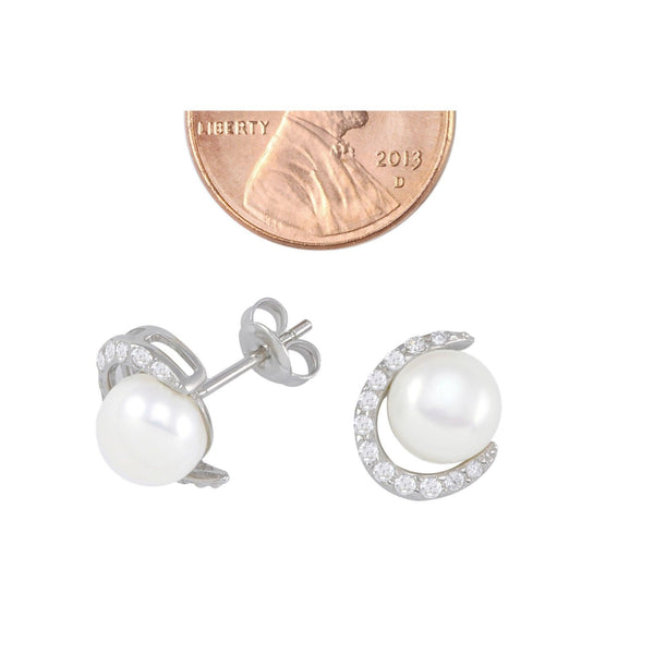 White Freshwater Pearl Sterling .925 Silver Earrings with Fancy White CZ Swoosh - Jewelryland.com