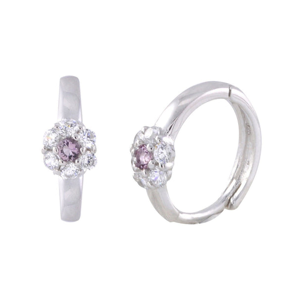 Sterling Silver Huggie Earrings Mini Flower CZ Birthstone Colors Hinged Hoops - Jewelryland.com