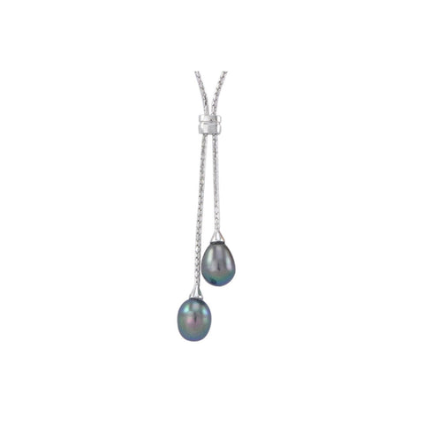 Black Freshwater Pearl Double Dangle Necklace .925 Sterling Silver - Jewelryland.com