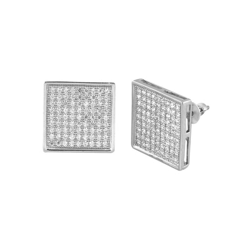 Micropave CZ Stud Earrings Huge 14mm Square Shape Sterling Silver Screwback - Jewelryland.com