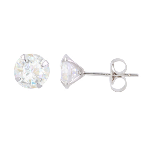 10k White Gold Earrings Round Clear CZ Prong Set Cubic Zirconia Studs Pushbacks - Jewelryland.com