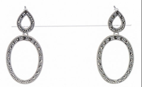 Marcasite Post Earrings Oval Outline Circle Dangle .925 Sterling Silver Antique - Jewelryland.com