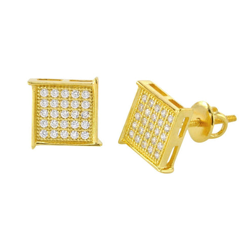 Hip Hop Screwback Stud Earrings Yellow Gold Plated 8mm CZ Square Edge Overhang - Jewelryland.com