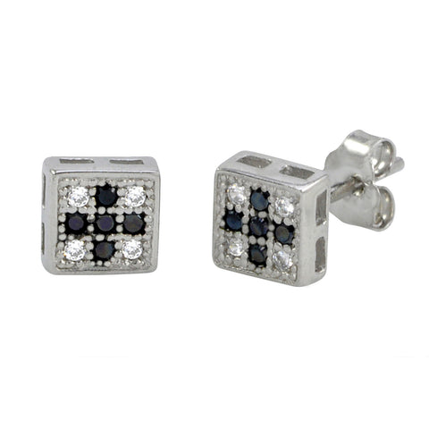 Sterling Silver Micropave Stud Earrings Black and White Square Shaped 5mm x 5mm - Jewelryland.com